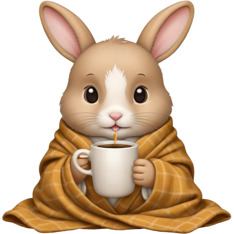 baby rabbit in cozy blanket, drink coffee emoji