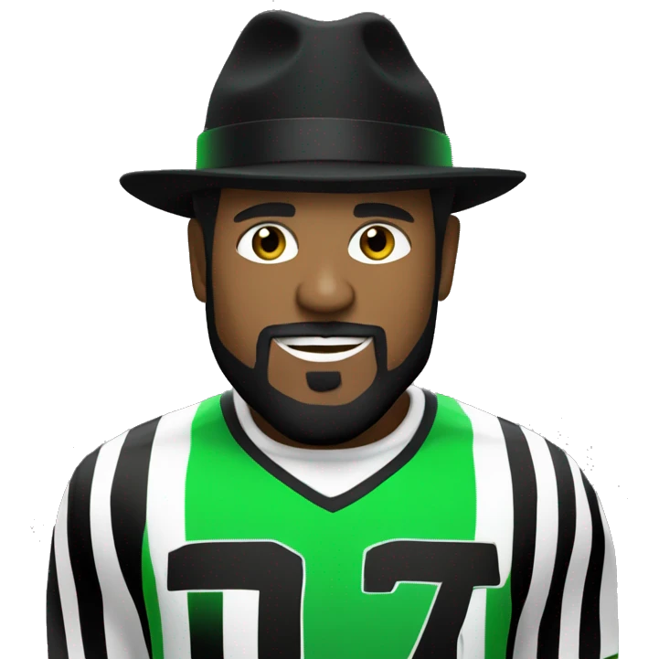 guy with a black hat and black beard, wearing a green and white striped football kit, DJing emoji