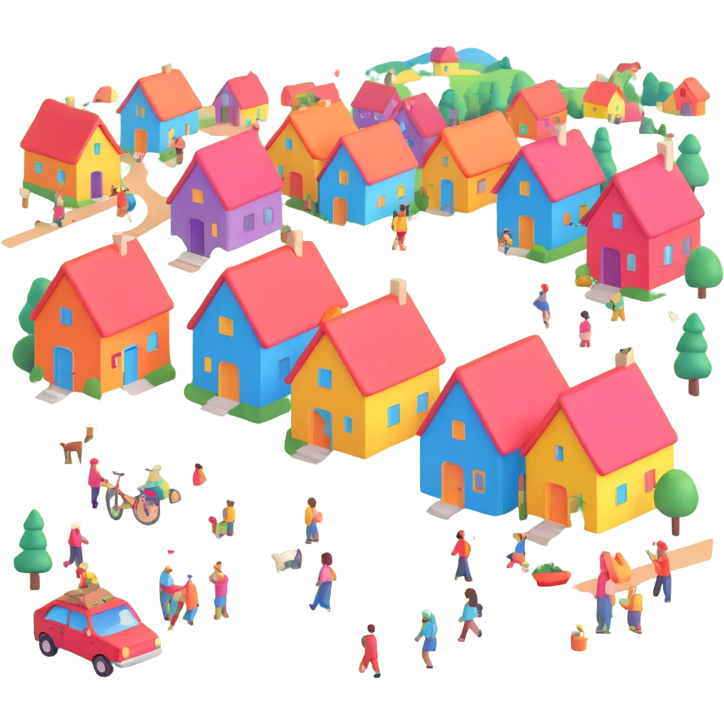 village life with colorful houses and people emoji