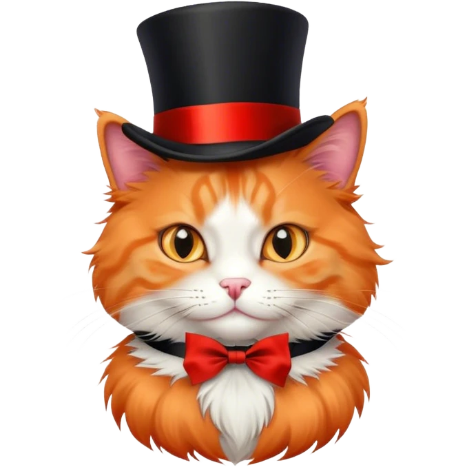fluffy elegant orange cat with top hat black with red ribbon  emoji