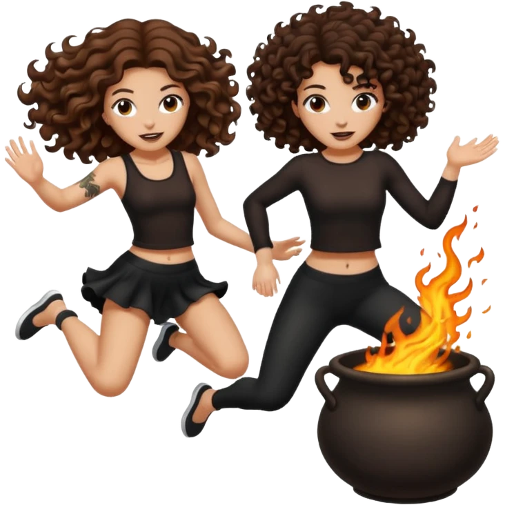 cauldron burst — long wavy brown hair tattooed woman and short tight curly brown hair woman — jumping back emoji