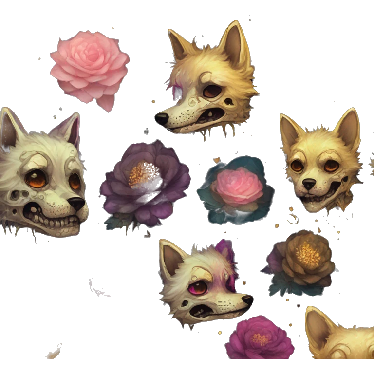 iridescent kintsugi fluffy zombie black brown gold dog fox head zombie skeleton gold mechanical nebula galaxy stars colorful flowers fairy lights vintage zombie emoji