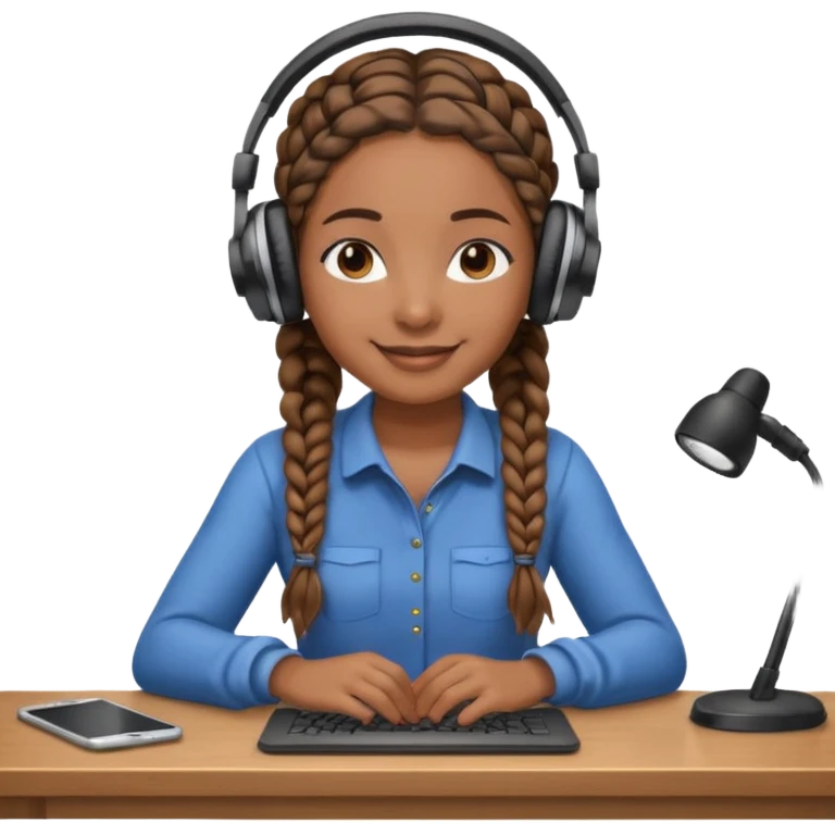 brown skinned female with braids sitting at a desk with headphones on emoji