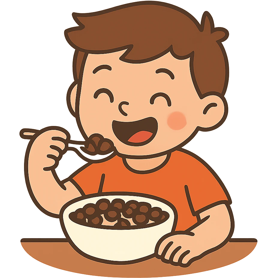 flat toon style kid eating a bowl of chocolate cereal, no background emoji