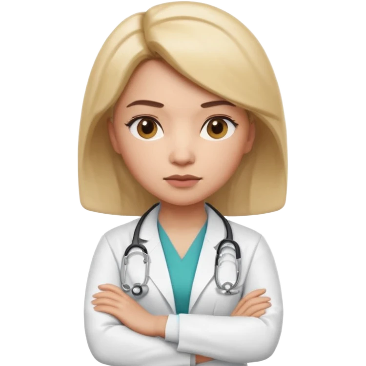 3D memoji style female doctor in medical coat, arms crossed, serious but calm expression, slightly raised eyebrow, professional look, centered, isolated, PNG, transparent background emoji