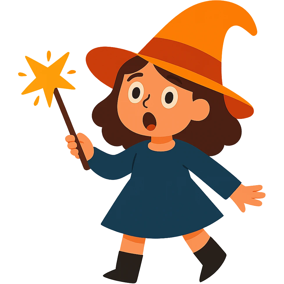 Make the brunette girl witch look surprised, keep her whimsical and magical, vibrant toon style, no background. emoji