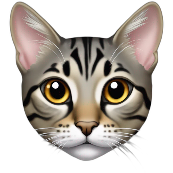 Cat Breed Tabby (Mainly black and gray) Ears Slightly pointed and sharp in shape Eyes Large and intense, with a strong gaze Whiskers Very long Chin Sharp with distinct lines Mouth Area White emoji