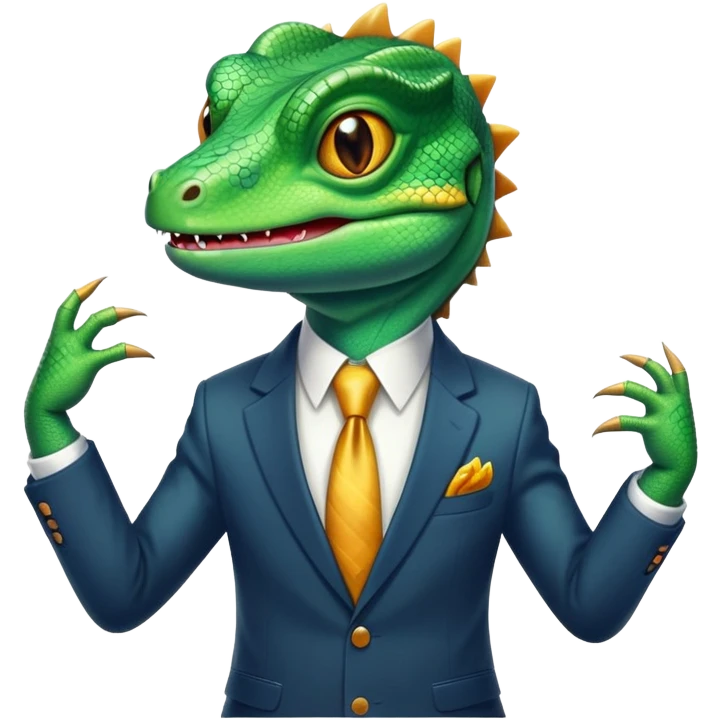The lizard is wearing a suit and its eyes are shining with excitement. emoji