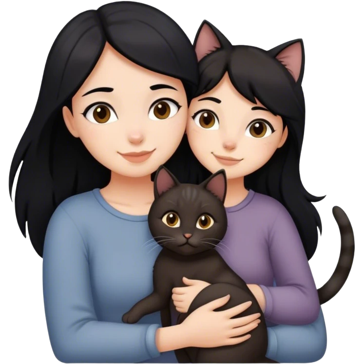 happy girl with black hair hugging three cats  (dark brown cat, full gray cat, brown calico cat) emoji