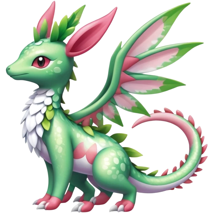Shiny Exotic Cute Majestic Ethereal Sparkly Flygon-Sylveon-Shaymin-Meganium-Hybrid-Creature with white pattern-markings emoji
