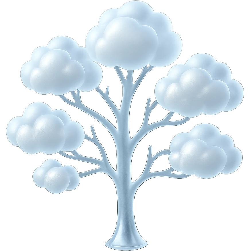 one tree with many branches and a white trunk, crown made of small very bright white fluffy convex clouds, matte glass style emoji
