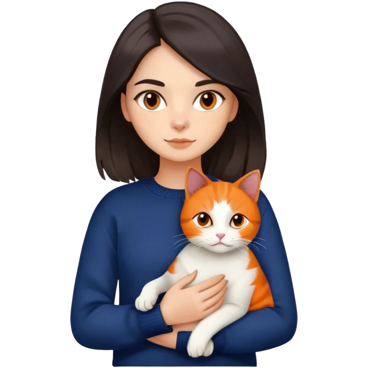 a girl who has dark medium brunette silky hair color with ivory skin color and has dark brown eyes and has dark brown eyebrows wearing an dark blue sweather and holding on her arm is a tricolor cat who has black orange and white colors on it  emoji