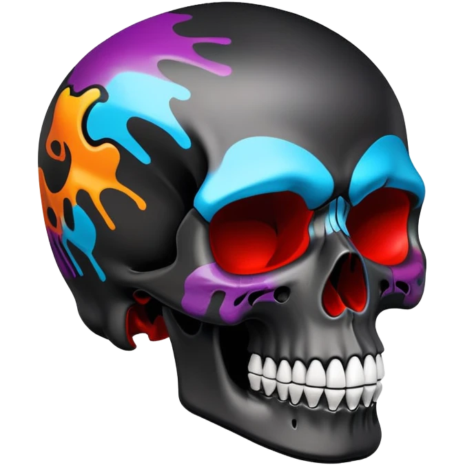 smooth black skull with vibrant graffiti paint contained within the skull shape, brand logos inside skull outline only, side view emoji