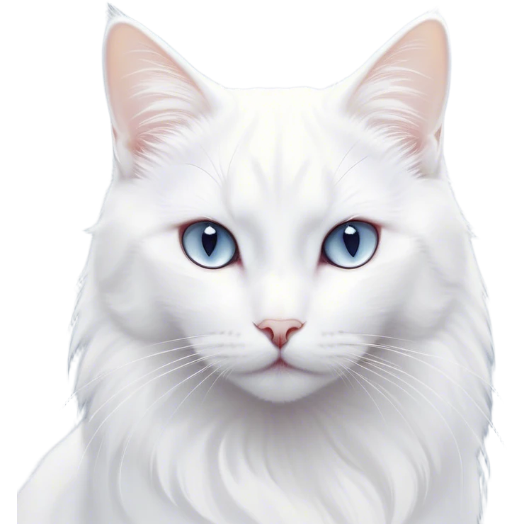 Cinematic Noble White Cat Portrait Emoji, Poised and stately, with a pristine, snow-white fur accented by delicate hints of silver, refined whiskers and a serene, focused gaze, simplified yet impeccably detailed, glowing with an ethereal radiance and timeless elegance, high shine, exuding calm intelligence and regal simplicity, soft glowing outline, capturing the essence of a noble white cat that radiates quiet majesty! emoji