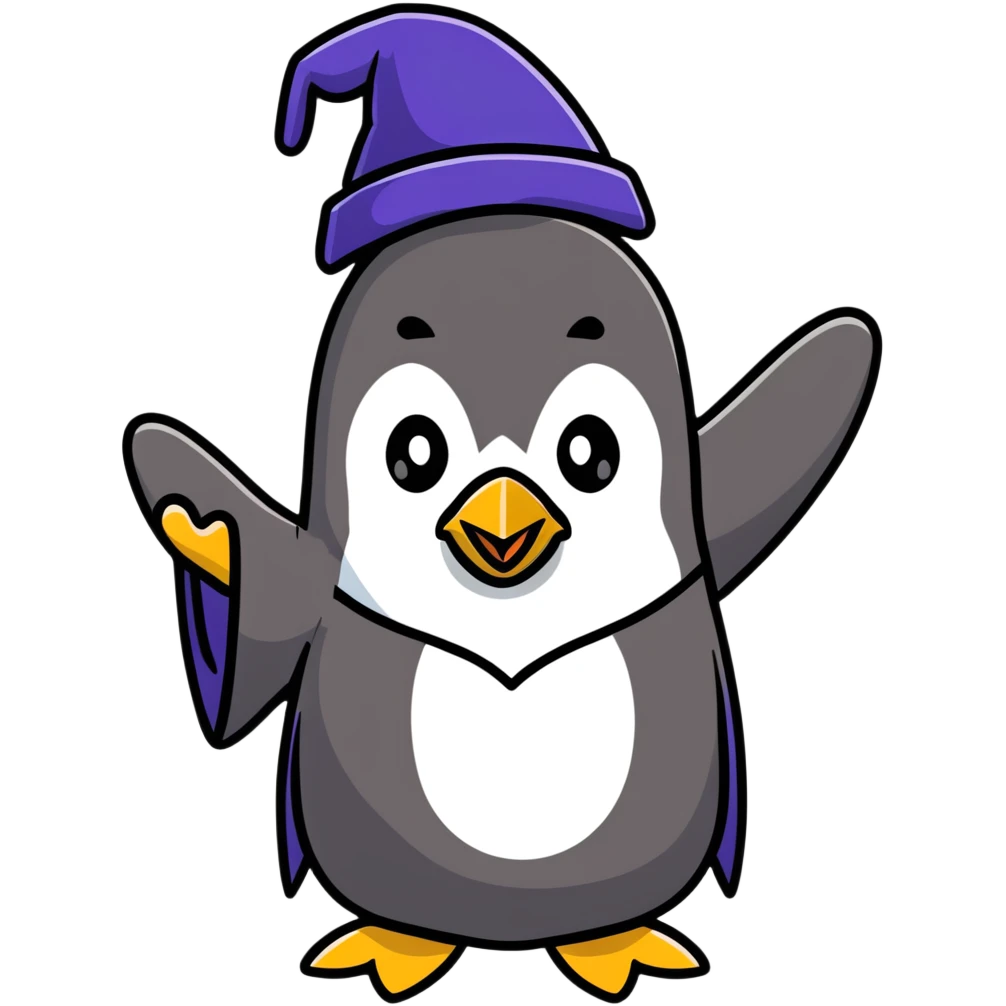 A penguin wizard with a long white beard, wearing wizard robes and conjuring magic from its flippers emoji