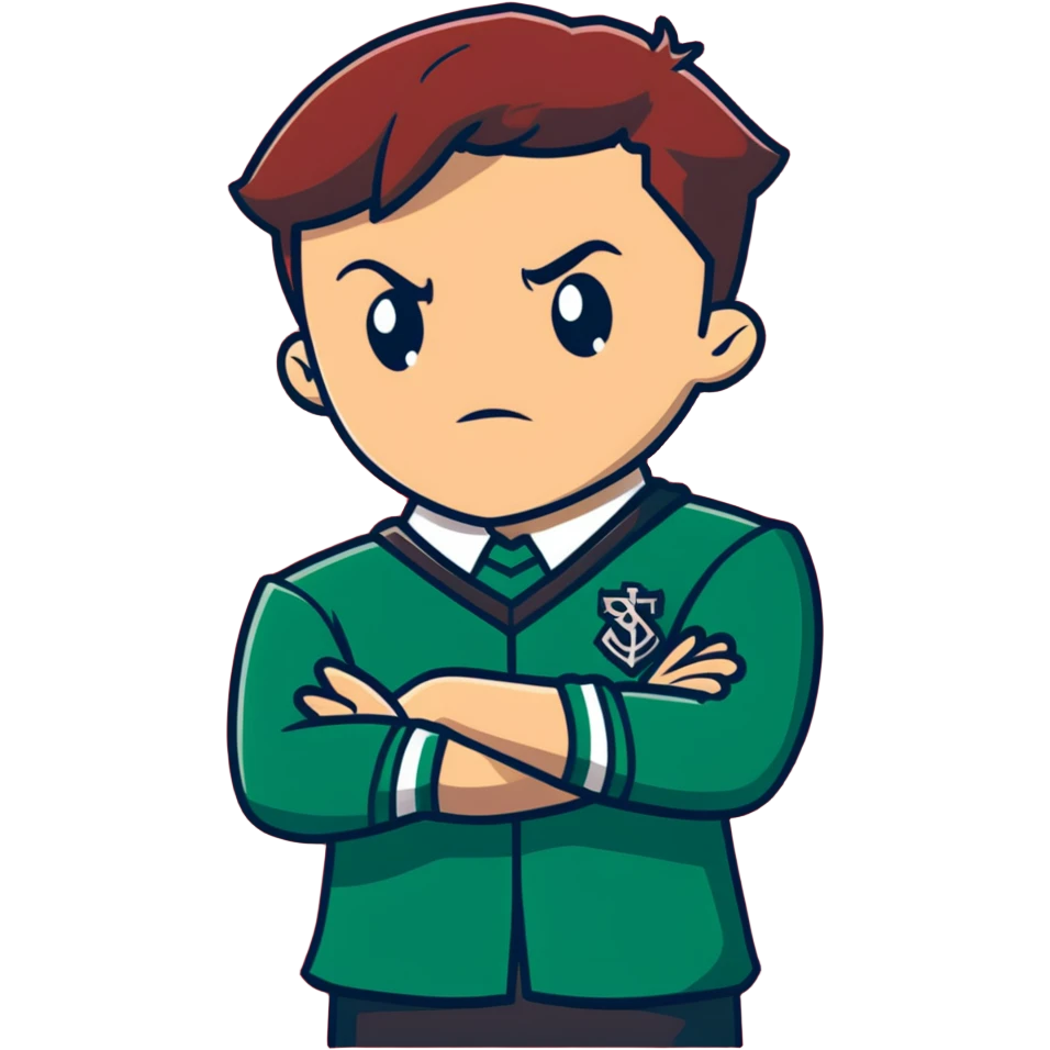 Furious Slytherin student Graham with arms crossed wearing house uniform emoji
