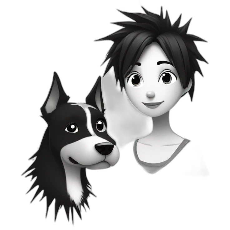 dog and a dark-haired girl with spiky hair looking at each other in style of ((sarah andersen)), black and white emoji