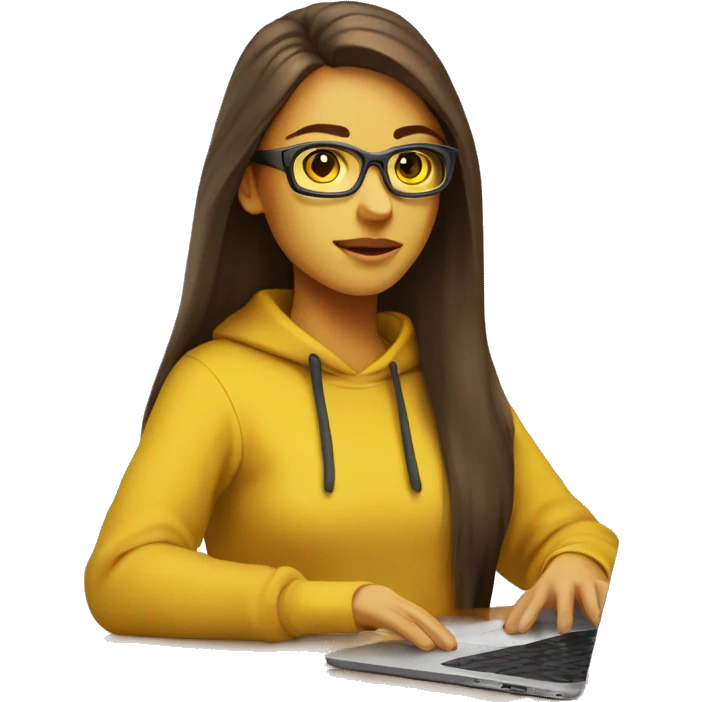 female coder with apple laptop in front of her, very long straight brown hair, brown eyes, facing the right side looking at the laptop, yellow sweatshirt,  glasses emoji