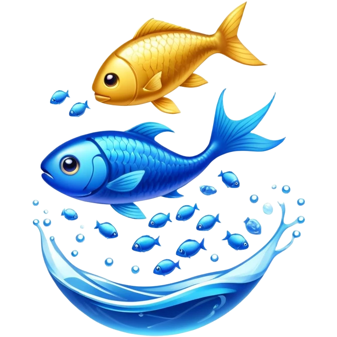 Golden omega-3 fish oil capsule with small fish swimming around it, blue liquid waves, brain and heart benefits visualization emoji