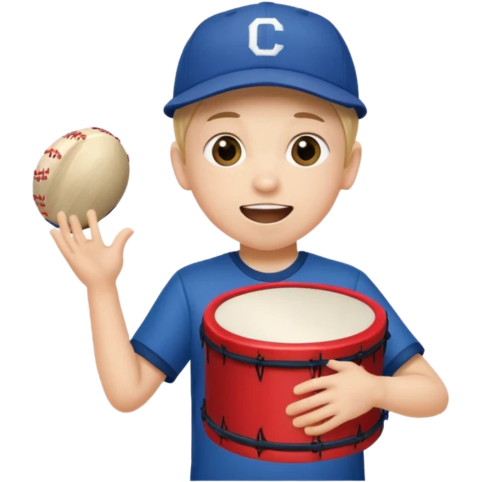 A young boy with a cap, wearing team colors, banging a small drum excitedly. emoji