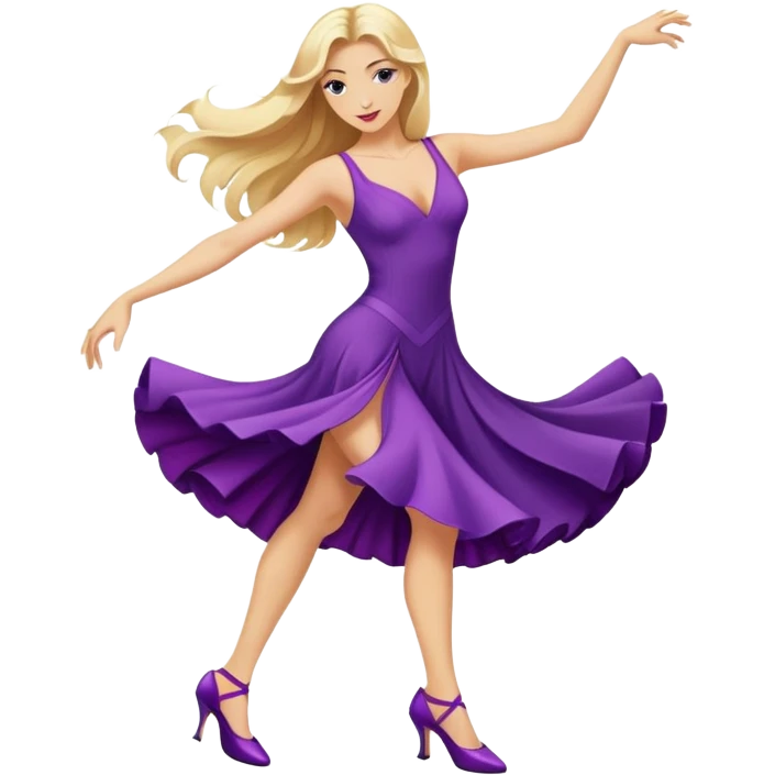 long blonde hair, dancing a tango in a purple dress and purple heels  emoji