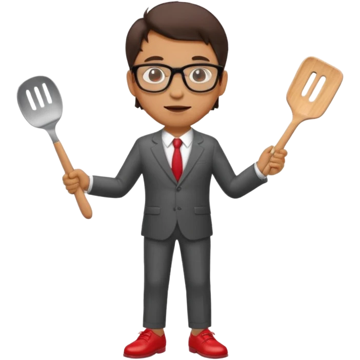 man with glasses wearing a suit and red shoes holding a spatula emoji