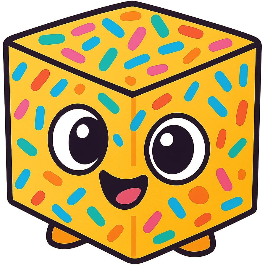 adorable box covered in rainbow sprinkles, big eyes, playful expression, vibrant toon style emoji