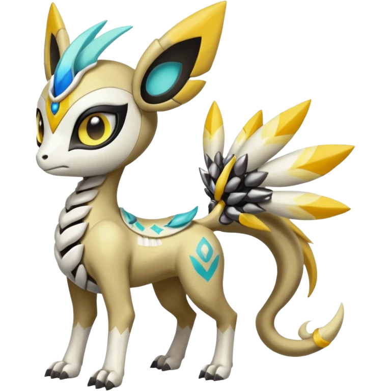 Cute Baby Colorful Shiny Tribal Skeletal masked armored Meloetta-Silvally-Solgaleo-Raikou-Pokémon-Digimon-Fakémon-fusion-hybrid-creature, full body emoji