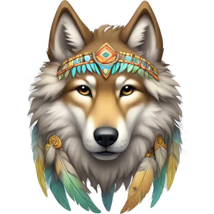 Fluffy Shy Colorful Spiritual Shamanic Wolf With Shiny Tribal Markings wearing feathers Full Body emoji