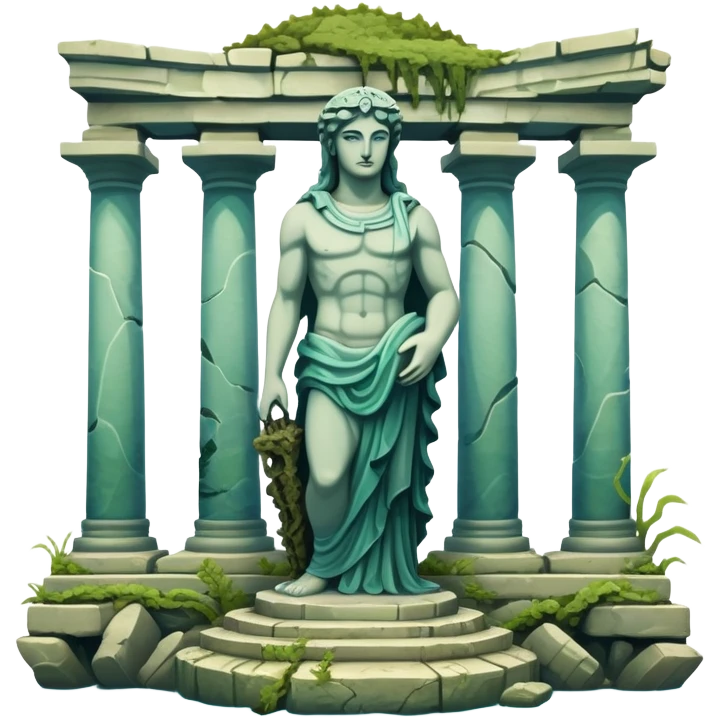 Simple Atlantis underwater ruins with a large sunken statue, fallen columns, broken domes, ancient Greek-style statue partially broken emoji