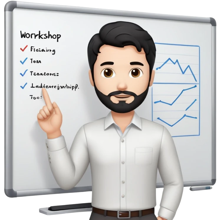 Professional 35-year-old man with black wavy hair, stubble, strong jawline, white skin tone, wearing smart casual business attire, standing in front of a diverse group, facilitating an interactive leadership workshop with whiteboard and participants emoji