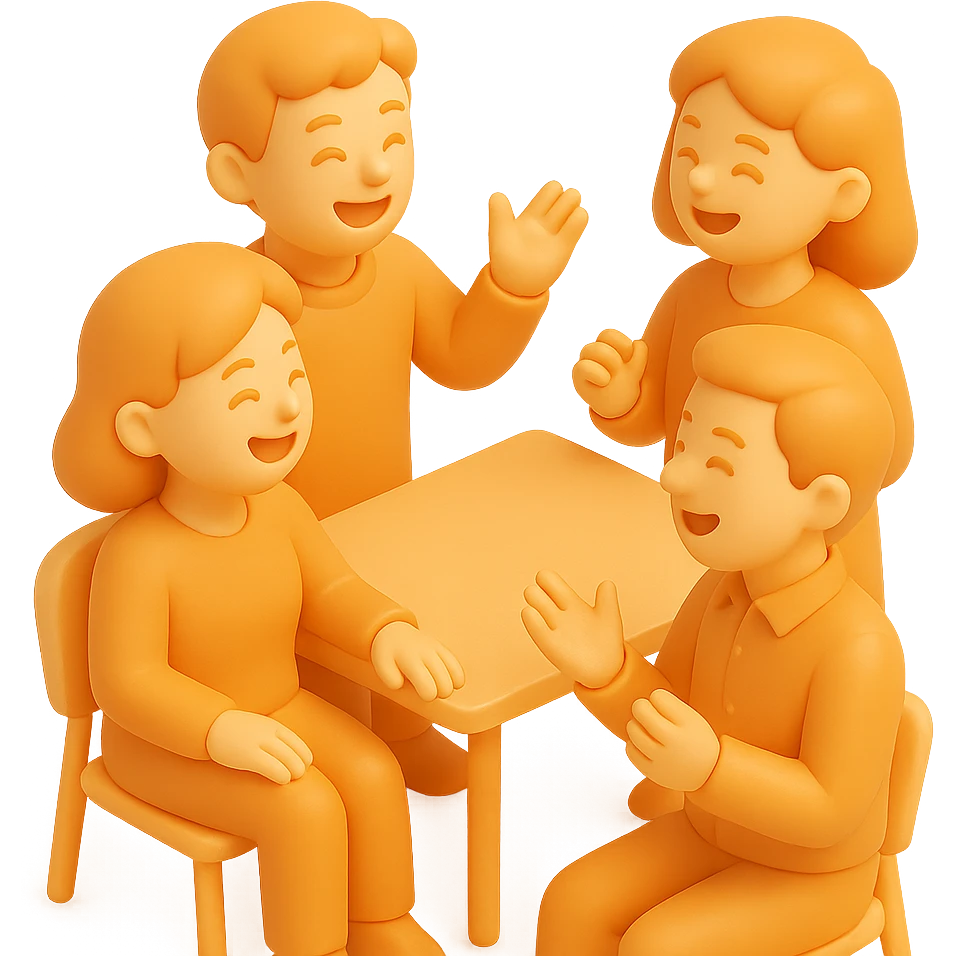 a group of employees with normal skin color, two men and two women, laughing and talking in a casual office setting emoji