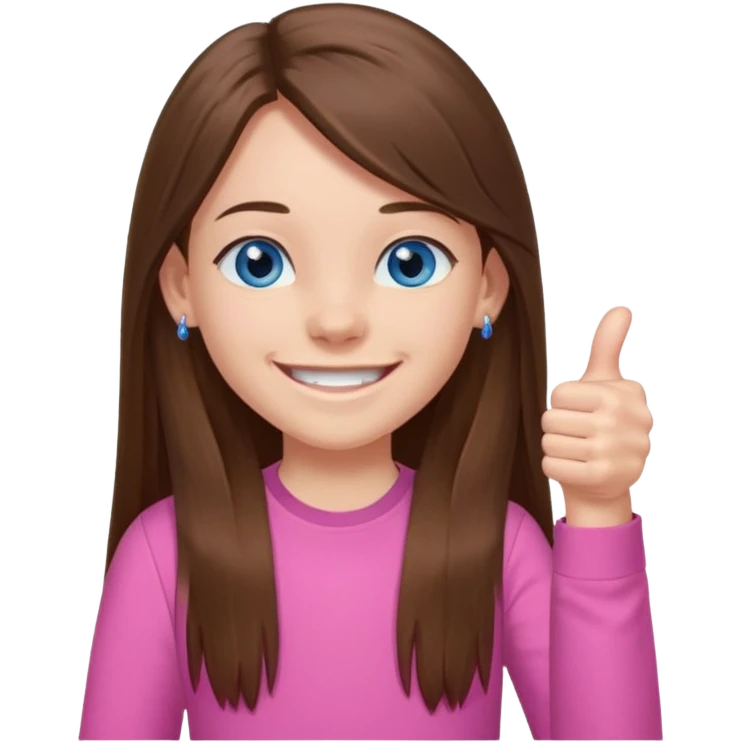 11 year old girl, blue eyes, brown long ish straight hair, smile and two thumbss up with stud earings and a pink shirt, and that you can see my whole body, and no teeth in my smile emoji