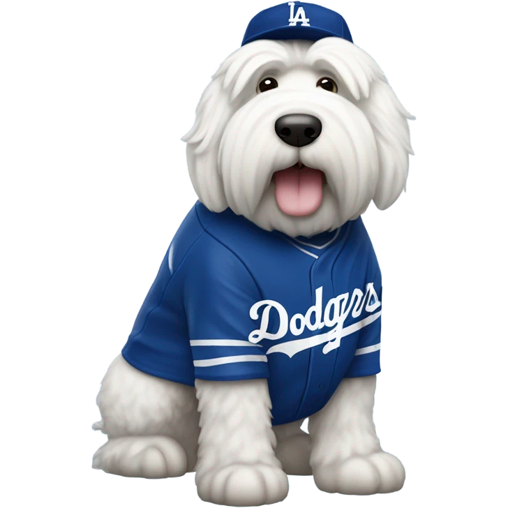 Old English Sheepdog full height wearing a Los Angeles dodgers baseball jersey emoji
