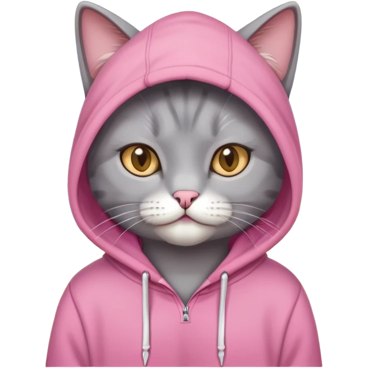 grey cat wearing a pink hoodie on the beach emoji