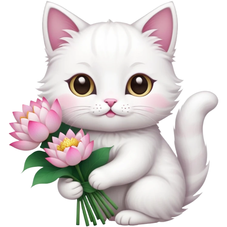 White cat holding a bouquet of lotus flowers emoji