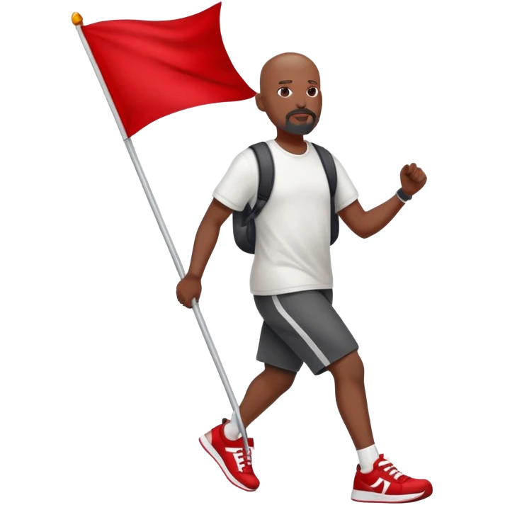 Bald black man with a white goatee in sneakers carrying a red flag emoji