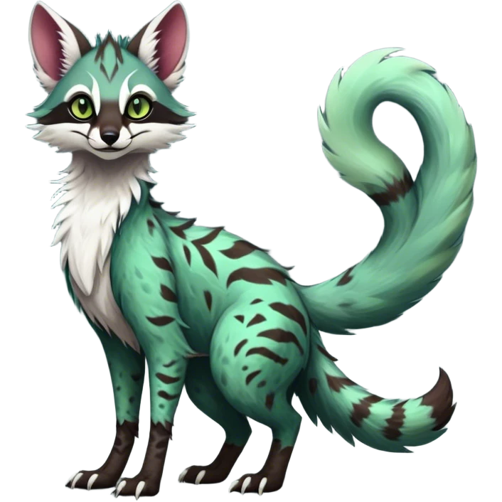 Feral Rare Fantasy dark colorful Vernid-Sergal-Genet-species by LiLaiRa, random markings, tufted tail, tufted ears, full body emoji