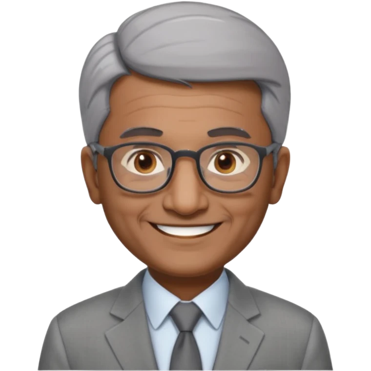 60 yr old indian man, short straight dark grey hair brushed foreward , light grey business suit, big smile, dark brown skin, no moustache, dark brown eyes, glasses
 emoji