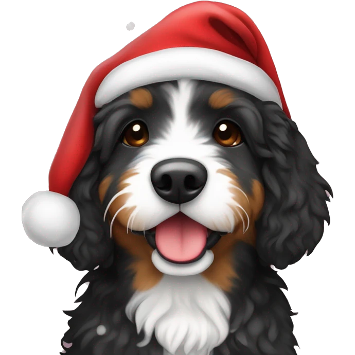 Mini Bernedoodle wearing a Santa hat emoji