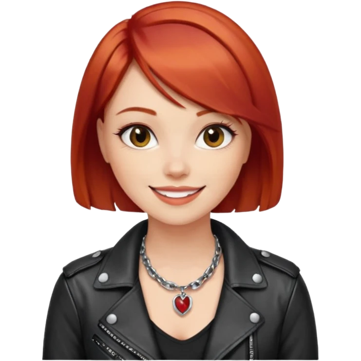 young fashionable woman, bob cut red hair, leather jacket, statement necklace, smiling emoji