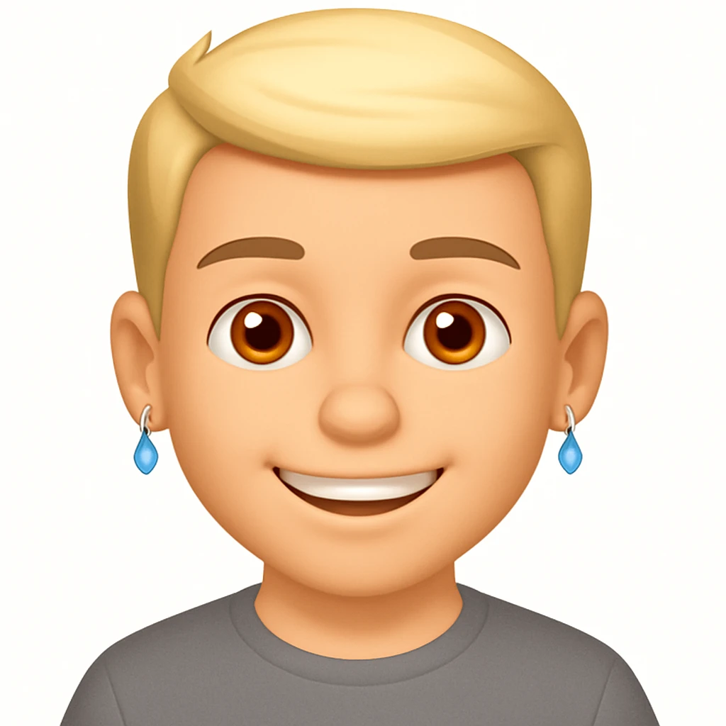 add a simple t-shirt to the smiling man with earrings, keep the white background and 3d-emoji style emoji