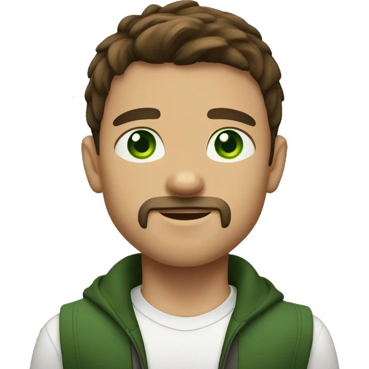 brown hair boy, goatee middle part, green eyes, muscular emoji