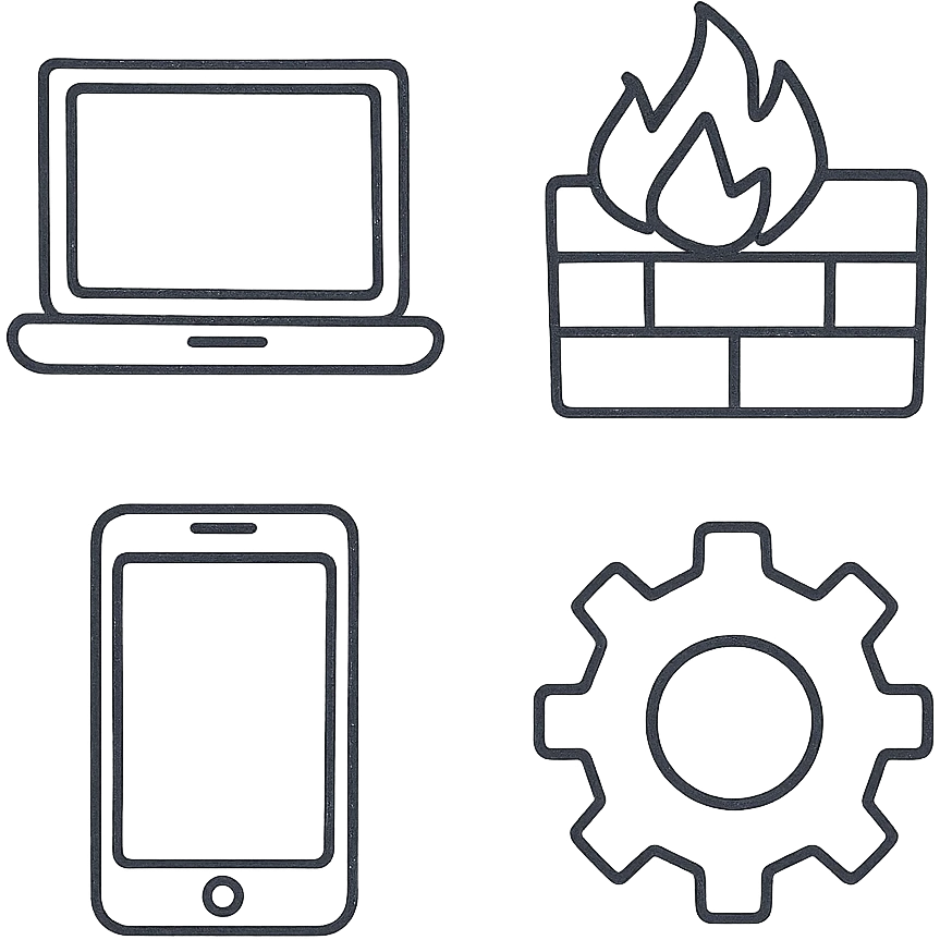 hand drawn outline icons for information technology, playful yet clear, features laptop, firewall, smartphone, and settings gear, sketchy lines, no fill emoji