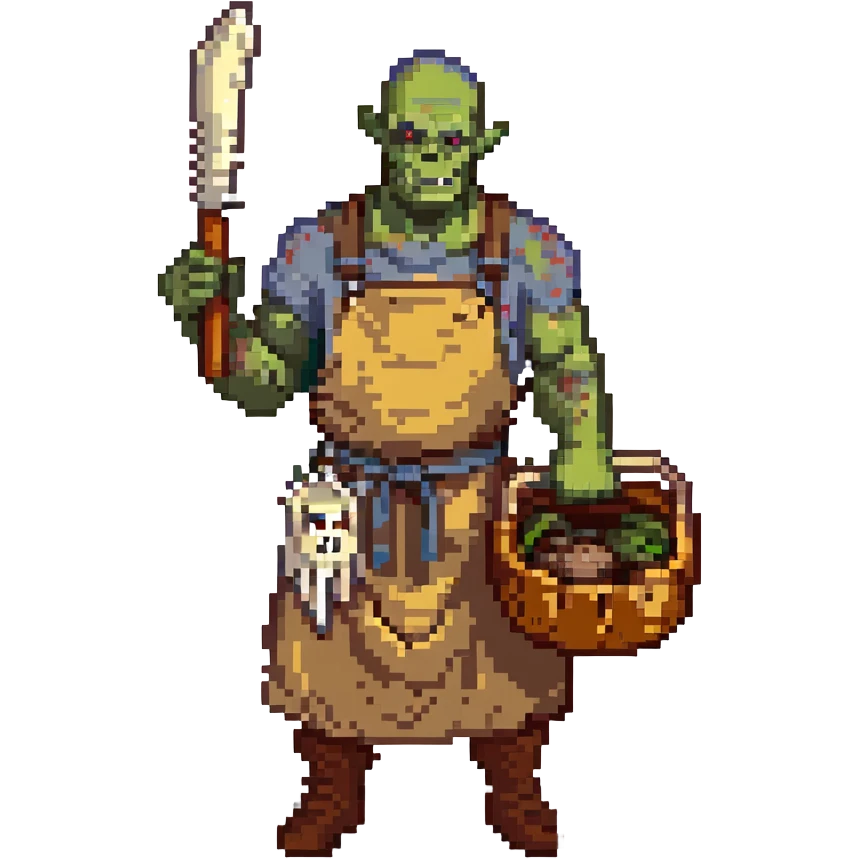orc male Apron with "Kiss the Cook" (scratched out, replaced with "Fear the Cook"), giant rib bone as a weapon. emoji