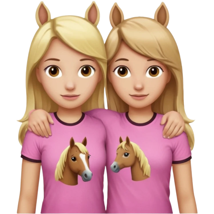 Two Girls with their arms around each other at summer camp one blonde one brown hair brown hair wearing pink horse shirt emoji