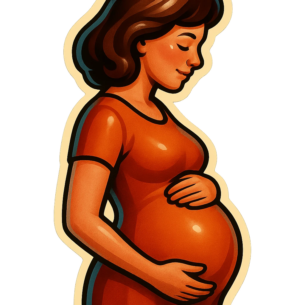 pregnant woman half-length portrait, standing sideways, holding belly, face and head fully in frame, retro stickers style, soft rounded shapes, expressive contours, vintage color palette, light paper texture, shadows and highlights, transparent background, different hairstyles and dresses emoji