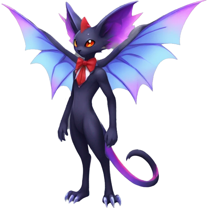 cool kawaii cute black purple red ethereal fantasy beautiful elegant nargacuga-Noivern-cat-Fakemon collar harness bow tie and bracers full body emoji