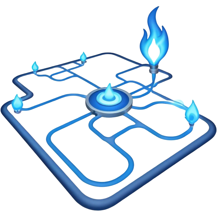 a map with a glowing blue flame on the x and networking paths emoji
