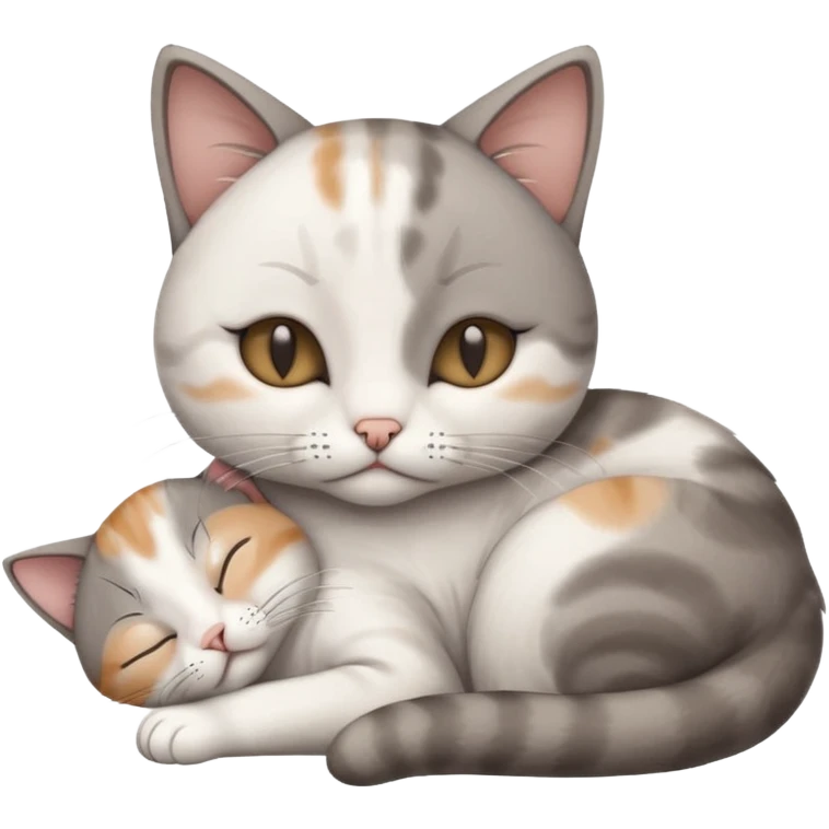 grey and white small cat with its eyes closed lying down with his paw curled under his head holding it up emoji